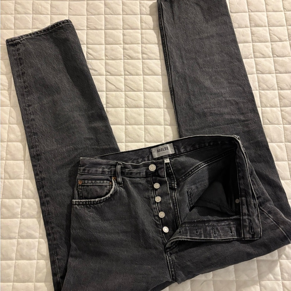 Agolde Straight Leg 90s Pinch Waist Black Denim Jeans with Button Fly